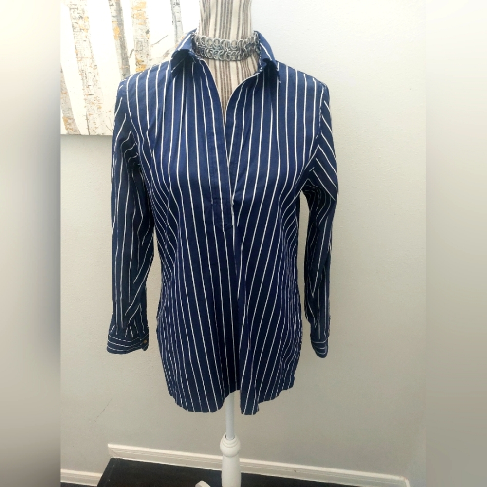 Classic Ralph Lauren Petites Navy/white Long Sleeve Blouse Top Nautical Stripe